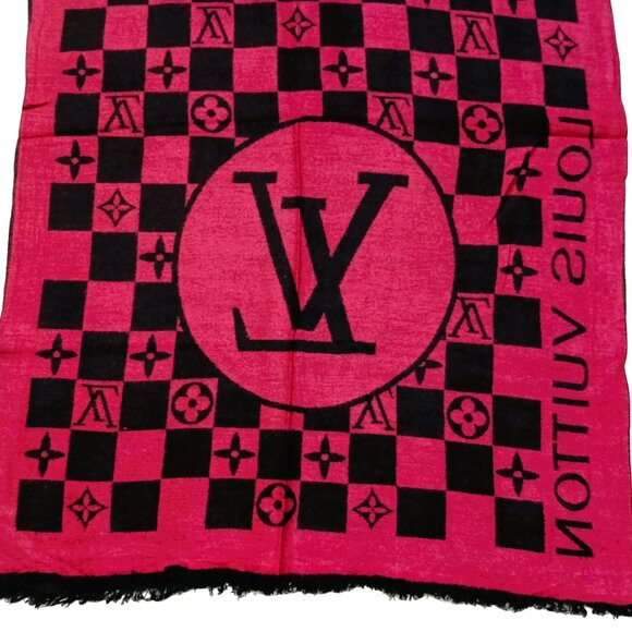 LOUIS VUITTON LV Vintage Pink Black Monogram Check Silk & Wool Scarf - Picture 7 of 12